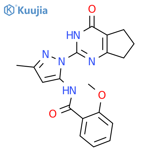 2-methoxy-N-(3-methyl-1-{4-oxo-3H,4H,5H,6H,7H-cyclopenta[d]pyrimidin-2-yl}-1H-pyrazol-5-yl)benzamide structure