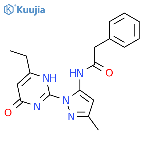 N-[1-(4-ethyl-6-oxo-1,6-dihydropyrimidin-2-yl)-3-methyl-1H-pyrazol-5-yl]-2-phenylacetamide structure