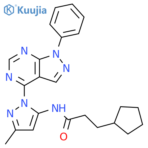 3-cyclopentyl-N-(3-methyl-1-{1-phenyl-1H-pyrazolo[3,4-d]pyrimidin-4-yl}-1H-pyrazol-5-yl)propanamide structure