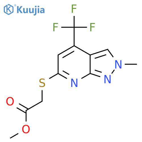 Methyl 2-((2-methyl-4-(trifluoromethyl)-2H-pyrazolo[3,4-b]pyridin-6-yl)thio)acetate structure