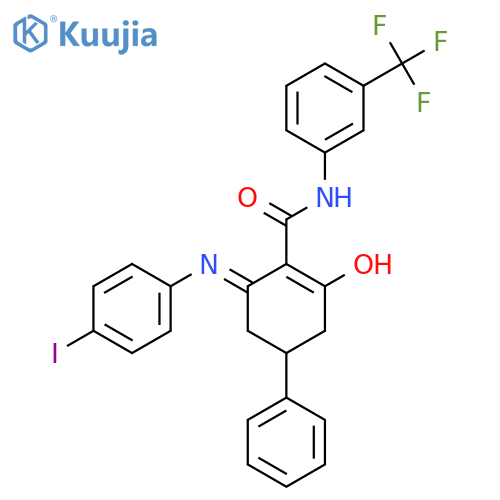 2-(4-Iodoanilino)-6-oxo-4-phenyl-N-[3-(trifluoromethyl)phenyl]cyclohexene-1-carboxamide structure