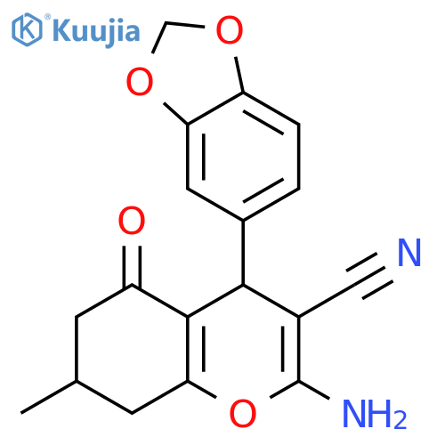 2-amino-4-(2H-1,3-benzodioxol-5-yl)-7-methyl-5-oxo-5,6,7,8-tetrahydro-4H-chromene-3-carbonitrile structure