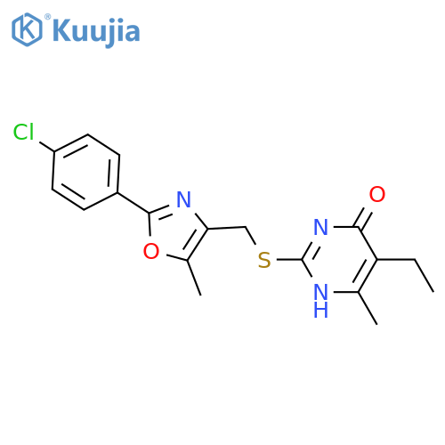 2-({[2-(4-chlorophenyl)-5-methyl-1,3-oxazol-4-yl]methyl}sulfanyl)-5-ethyl-6-methylpyrimidin-4-ol structure