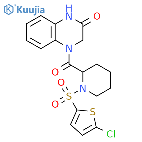 4-{1-[(5-chlorothiophen-2-yl)sulfonyl]piperidine-2-carbonyl}-1,2,3,4-tetrahydroquinoxalin-2-one structure