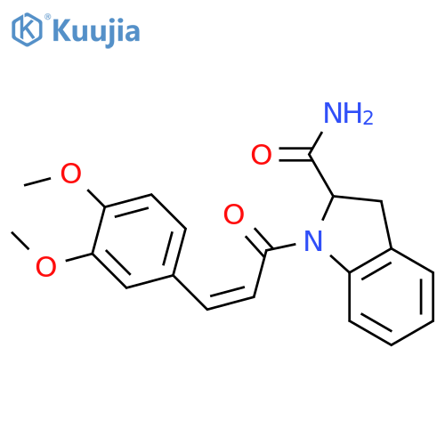 1-[(2Z)-3-(3,4-dimethoxyphenyl)prop-2-enoyl]-2,3-dihydro-1H-indole-2-carboxamide structure