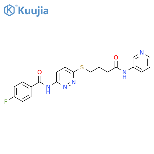 4-fluoro-N-[6-({3-[(pyridin-3-yl)carbamoyl]propyl}sulfanyl)pyridazin-3-yl]benzamide structure