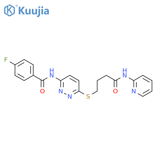 4-fluoro-N-[6-({3-[(pyridin-2-yl)carbamoyl]propyl}sulfanyl)pyridazin-3-yl]benzamide structure