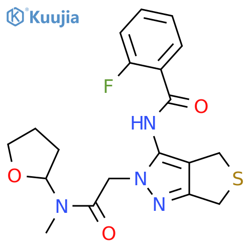 2-fluoro-N-[2-({[(oxolan-2-yl)methyl]carbamoyl}methyl)-2H,4H,6H-thieno[3,4-c]pyrazol-3-yl]benzamide structure