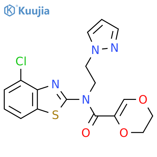 N-(4-chloro-1,3-benzothiazol-2-yl)-N-2-(1H-pyrazol-1-yl)ethyl-5,6-dihydro-1,4-dioxine-2-carboxamide structure