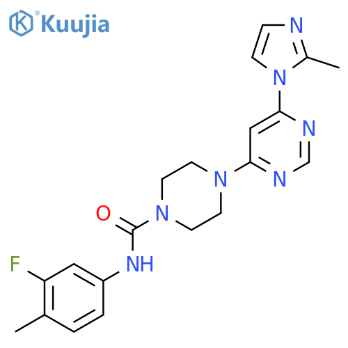 N-(3-fluoro-4-methylphenyl)-4-6-(2-methyl-1H-imidazol-1-yl)pyrimidin-4-ylpiperazine-1-carboxamide structure