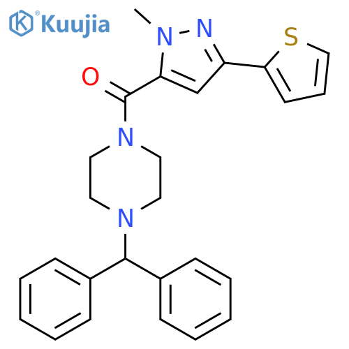 1-(diphenylmethyl)-4-1-methyl-3-(thiophen-2-yl)-1H-pyrazole-5-carbonylpiperazine structure