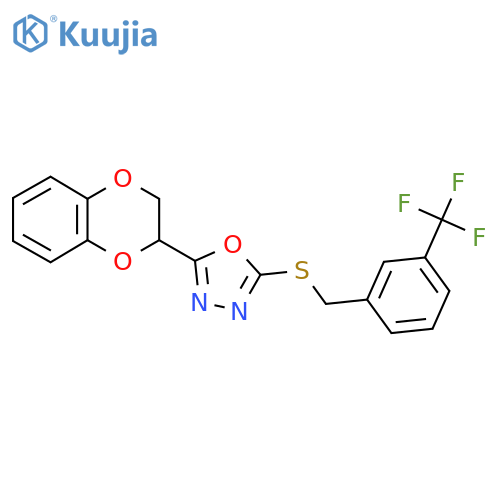 2-(2,3-dihydro-1,4-benzodioxin-2-yl)-5-({3-(trifluoromethyl)phenylmethyl}sulfanyl)-1,3,4-oxadiazole structure