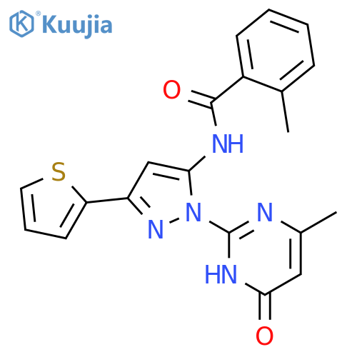 2-methyl-N-1-(4-methyl-6-oxo-1,6-dihydropyrimidin-2-yl)-3-(thiophen-2-yl)-1H-pyrazol-5-ylbenzamide structure