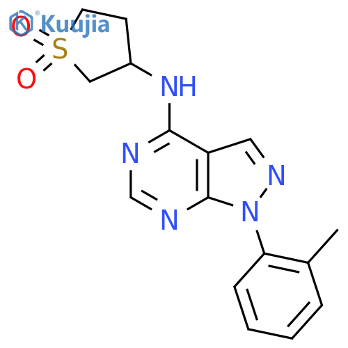 3-{[1-(2-methylphenyl)-1H-pyrazolo[3,4-d]pyrimidin-4-yl]amino}-1lambda6-thiolane-1,1-dione structure