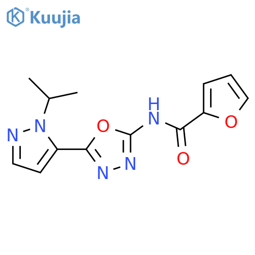 N-{5-1-(propan-2-yl)-1H-pyrazol-5-yl-1,3,4-oxadiazol-2-yl}furan-2-carboxamide structure