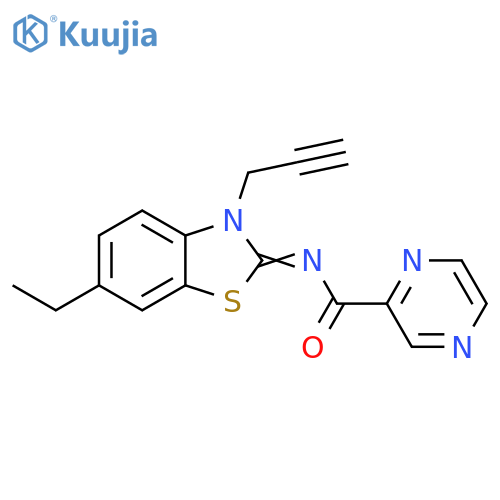 N-(2E)-6-ethyl-3-(prop-2-yn-1-yl)-2,3-dihydro-1,3-benzothiazol-2-ylidenepyrazine-2-carboxamide structure