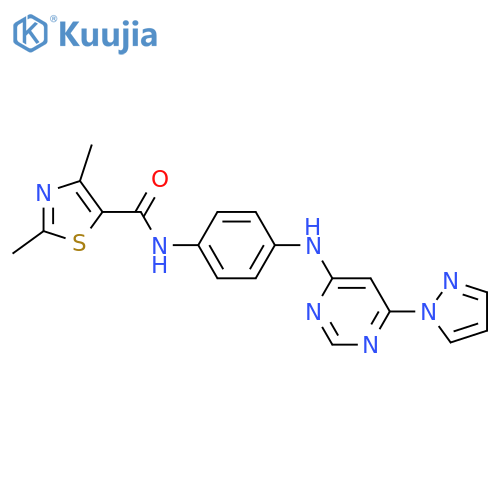 2,4-dimethyl-N-(4-{6-(1H-pyrazol-1-yl)pyrimidin-4-ylamino}phenyl)-1,3-thiazole-5-carboxamide structure