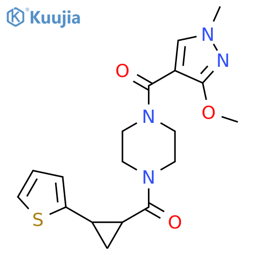 1-(3-methoxy-1-methyl-1H-pyrazole-4-carbonyl)-4-2-(thiophen-2-yl)cyclopropanecarbonylpiperazine structure