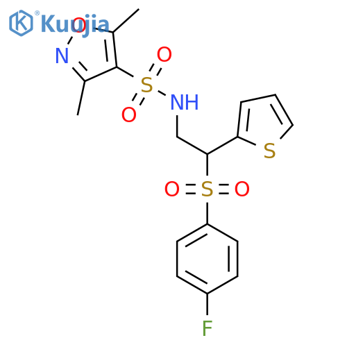 N-2-(4-fluorobenzenesulfonyl)-2-(thiophen-2-yl)ethyl-3,5-dimethyl-1,2-oxazole-4-sulfonamide structure