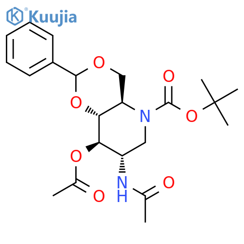2-Acetamido-3-O-acetyl-4,6-O-benzylidene-N-(tert-butoxycarbonyl)-1,2,5-trideoxy-1,5-imino-D-glucitol structure