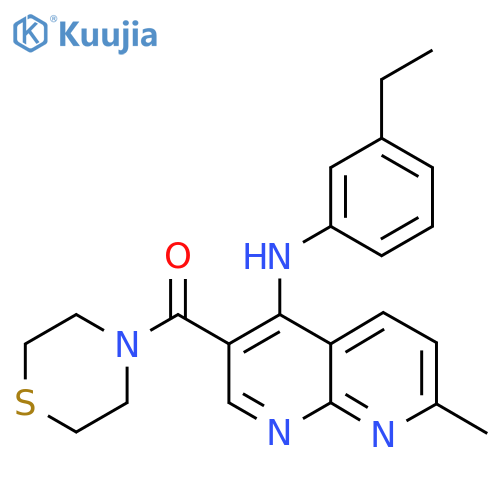 N-(3-ethylphenyl)-7-methyl-3-(thiomorpholine-4-carbonyl)-1,8-naphthyridin-4-amine structure