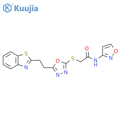 2-({5-2-(1,3-benzothiazol-2-yl)ethyl-1,3,4-oxadiazol-2-yl}sulfanyl)-N-(1,2-oxazol-3-yl)acetamide structure