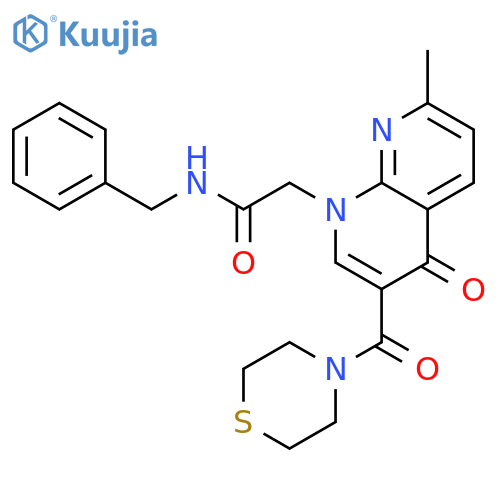 N-benzyl-2-[7-methyl-4-oxo-3-(thiomorpholine-4-carbonyl)-1,4-dihydro-1,8-naphthyridin-1-yl]acetamide structure
