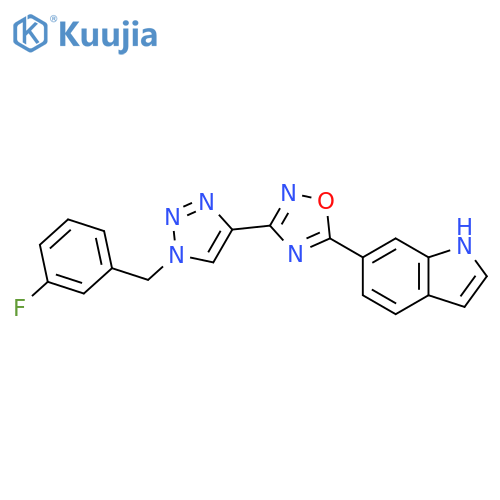 3-[1-[(3-fluorophenyl)methyl]triazol-4-yl]-5-(1H-indol-6-yl)-1,2,4-oxadiazole structure