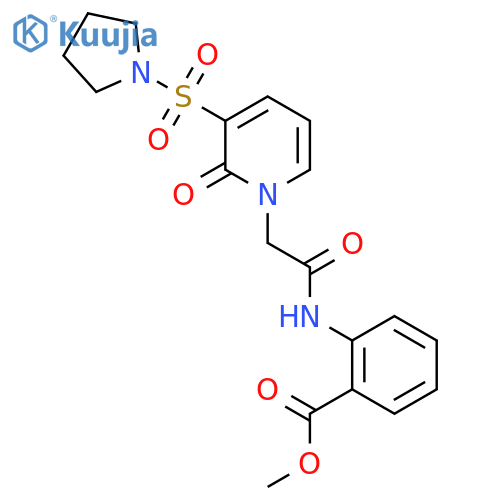 methyl 2-{2-2-oxo-3-(pyrrolidine-1-sulfonyl)-1,2-dihydropyridin-1-ylacetamido}benzoate structure