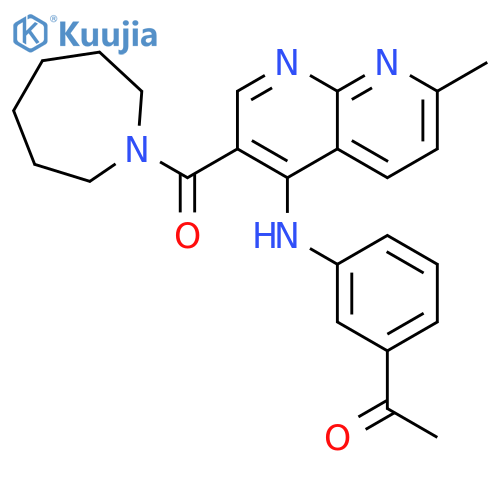 1-(3-{[3-(azepane-1-carbonyl)-7-methyl-1,8-naphthyridin-4-yl]amino}phenyl)ethan-1-one structure