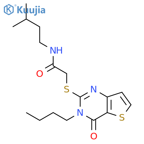 2-({3-butyl-4-oxo-3H,4H-thieno[3,2-d]pyrimidin-2-yl}sulfanyl)-N-(3-methylbutyl)acetamide structure