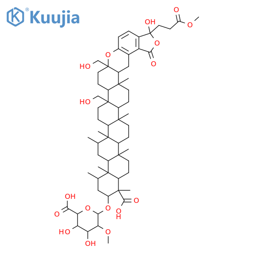 b-D-Glucopyranosiduronic acid,(1R,2S,4R,4aR,4bS,6R,6aS,6bS,8aR,8bS,10aS,17aS,17bR,19aS,19bR,21aS,21bS,23aR)-1-carboxy-2,3,4,4a,4b,5,6,6a,6b,7,8,8a,8b,9,10,10a,14,16,17,17a,17b,18,19,19a,19b,20,21,21a,21b,22,23,23a-dotriacontahydro-14-hydroxy-8a,10a-bis(hydroxymethyl)-14-(3-methoxy-3-oxopropyl)-1,4,4a,6,6a,17b,19b,21b-octamethyl-16-oxo-1H-benzo[9,10]piceno[3,4-a]furo[3,4-j]xanthen-2-yl2-O-methyl- structure