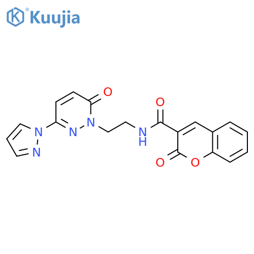 2-oxo-N-{2-6-oxo-3-(1H-pyrazol-1-yl)-1,6-dihydropyridazin-1-ylethyl}-2H-chromene-3-carboxamide structure