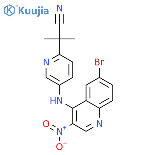 2-(5-(6-bromo-3-nitroquinolin-4-ylamino)pyridin-2-yl)-2-methylpropanenitrile structure