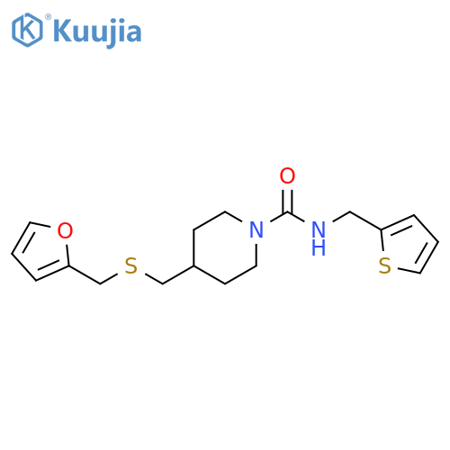 4-({[(furan-2-yl)methyl]sulfanyl}methyl)-N-[(thiophen-2-yl)methyl]piperidine-1-carboxamide structure