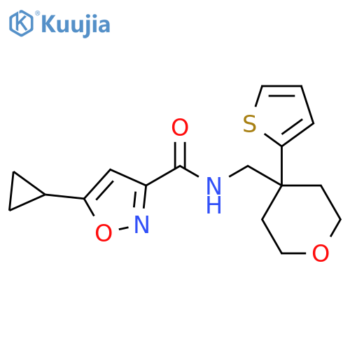 5-cyclopropyl-N-{[4-(thiophen-2-yl)oxan-4-yl]methyl}-1,2-oxazole-3-carboxamide structure