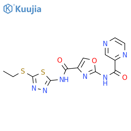 N-(4-{5-(ethylsulfanyl)-1,3,4-thiadiazol-2-ylcarbamoyl}-1,3-oxazol-2-yl)pyrazine-2-carboxamide structure