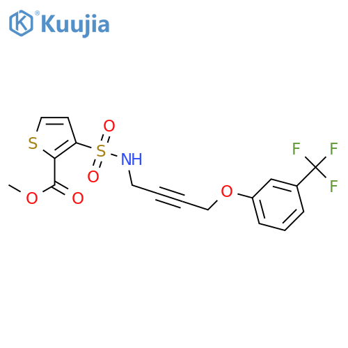 methyl 3-({4-[3-(trifluoromethyl)phenoxy]but-2-yn-1-yl}sulfamoyl)thiophene-2-carboxylate structure