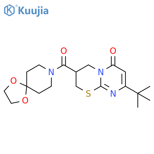8-tert-butyl-3-{1,4-dioxa-8-azaspiro4.5decane-8-carbonyl}-2H,3H,4H,6H-pyrimido2,1-b1,3thiazin-6-one structure
