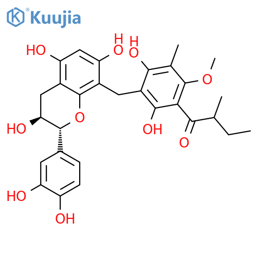 1-Butanone,1-[3-[[(2R,3S)-2-(3,4-dihydroxyphenyl)-3,4-dihydro-3,5,7-trihydroxy-2H-1-benzopyran-8-yl]methyl]-2,4-dihydroxy-6-methoxy-5-methylphenyl]-2-methyl- structure