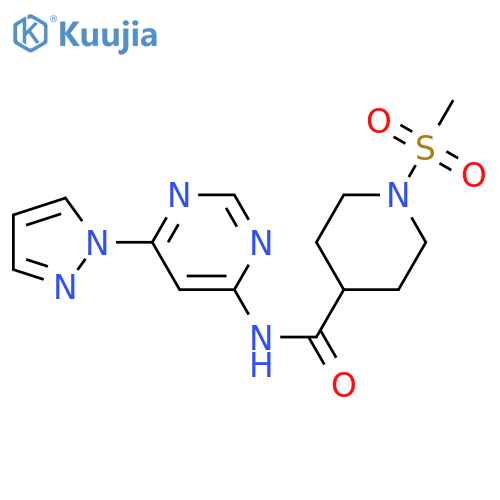 1-methanesulfonyl-N-6-(1H-pyrazol-1-yl)pyrimidin-4-ylpiperidine-4-carboxamide structure