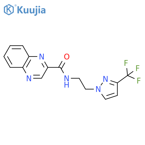 N-{2-3-(trifluoromethyl)-1H-pyrazol-1-ylethyl}quinoxaline-2-carboxamide structure