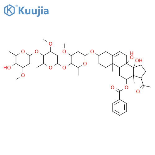 Pregn-5-en-20-one, 12-(benzoyloxy)-3-[(O-2,6-dideoxy-3-O-methyl-β-D-arabino-hexopyranosyl-(1→4)-O-2,6-dideoxy-3-O-methyl-β-D-ribo-hexopyranosyl-(1→4)-2,6-dideoxy-3-O-methyl-β-D-ribo-hexopyranosyl)oxy]-8,14-dihydroxy-, (3β,12β,14β,17α)- (9CI) structure