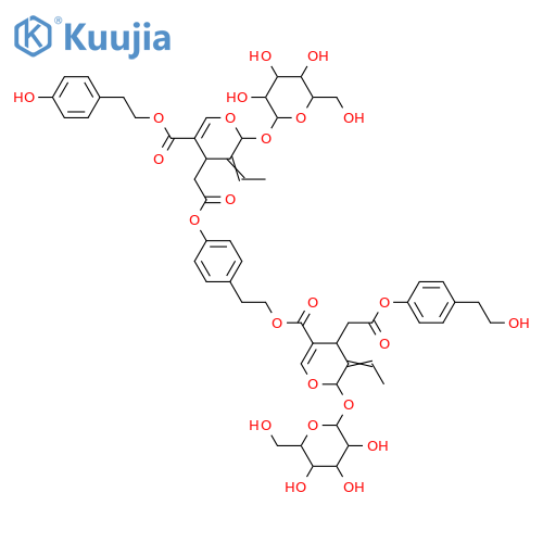 2H-Pyran-4-acetic acid,3-ethylidene-5-[[2-[4-[[[(2S,3E,4S)-3-ethylidene-2-(b-D-glucopyranosyloxy)-3,4-dihydro-5-[[2-(4-hydroxyphenyl)ethoxy]carbonyl]-2H-pyran-4-yl]acetyl]oxy]phenyl]ethoxy]carbonyl]-2-(b-D-glucopyranosyloxy)-3,4-dihydro-,4-(2-hydroxyethyl)phenyl ester, (2S,3E,4S)- (9CI) structure