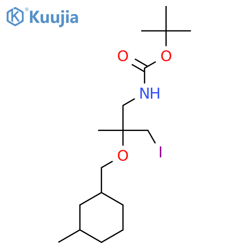 tert-butyl N-{3-iodo-2-methyl-2-(3-methylcyclohexyl)methoxypropyl}carbamate structure
