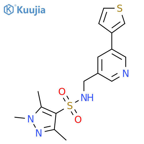 1,3,5-trimethyl-N-((5-(thiophen-3-yl)pyridin-3-yl)methyl)-1H-pyrazole-4-sulfonamide structure