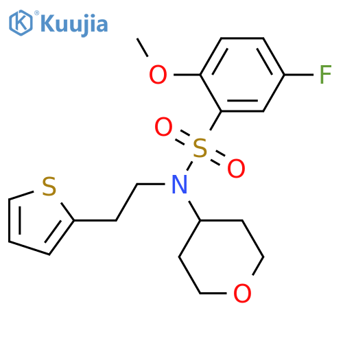 5-fluoro-2-methoxy-N-(oxan-4-yl)-N-[2-(thiophen-2-yl)ethyl]benzene-1-sulfonamide structure