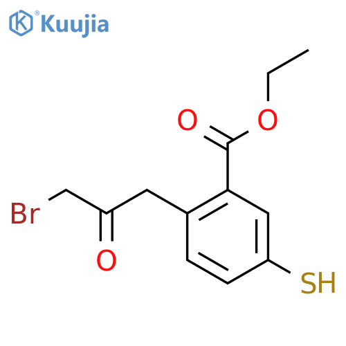 Ethyl 2-(3-bromo-2-oxopropyl)-5-mercaptobenzoate structure