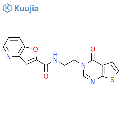 N-(2-{4-oxo-3H,4H-thieno[2,3-d]pyrimidin-3-yl}ethyl)furo[3,2-b]pyridine-2-carboxamide structure