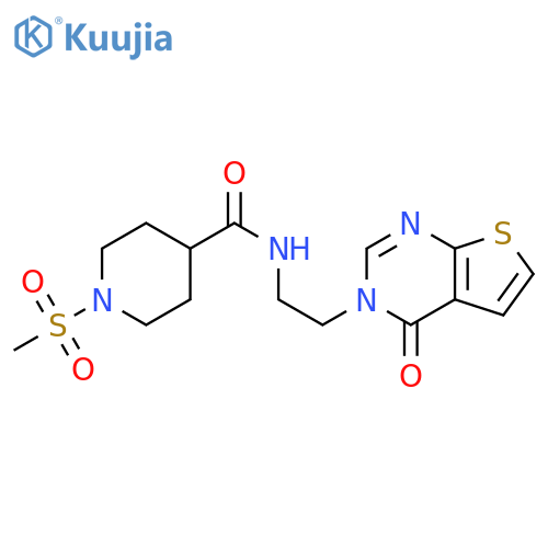 1-methanesulfonyl-N-(2-{4-oxo-3H,4H-thieno[2,3-d]pyrimidin-3-yl}ethyl)piperidine-4-carboxamide structure